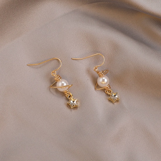 Imagen de Elegante Pendientes Chapado en Oro Estrellas de cinco puntos Imitación de perla 3cm, 1 Par