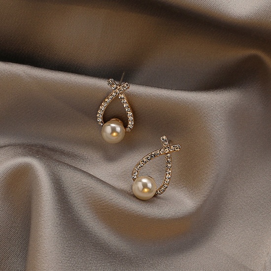 Imagen de Elegante Pendientes Chapado en Oro Forma de X Imitación de perla Transparente Rhinestone 2cm, 1 Par