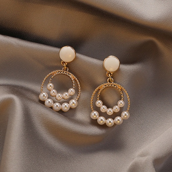 Imagen de Elegante Pendientes Chapado en Oro Anillo Imitación de perla 3cm, 1 Par