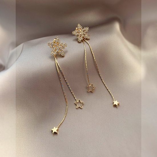 Imagen de Elegante Pendientes Chapado en Oro Estrellas de cinco puntos Panícula Transparente Rhinestone 6cm, 1 Par