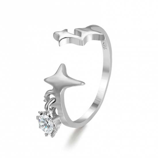 Picture of Ins Style Open Adjustable Rings Silver Tone Star Clear Rhinestone 17mm(US Size 6.5), 1 Piece