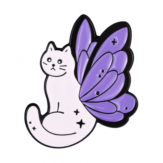 Bild von Niedlich Brosche Katze Flügel Weiß & Violett Emaille 3cm x 2.3cm, 1 Stück
