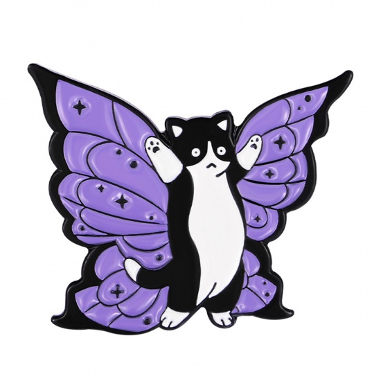 Bild von Niedlich Brosche Katze Schmetterling Weiß & Violett Emaille 2.9cm x 2cm, 1 Stück