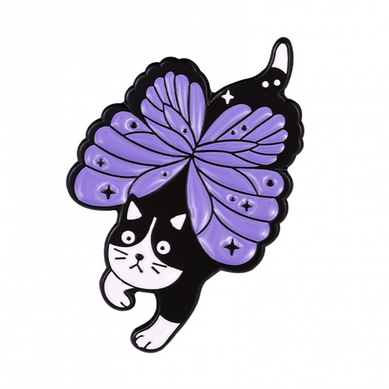 Bild von Niedlich Brosche Katze Schmetterling Schwarz & Lila Emaille 3cm x 2cm, 1 Stück