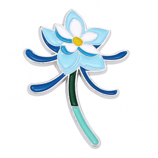 Imagen de Elegante Pin Broches Flor Azul Claro Esmalte 3.2cm x 2.4cm, 1 Unidad