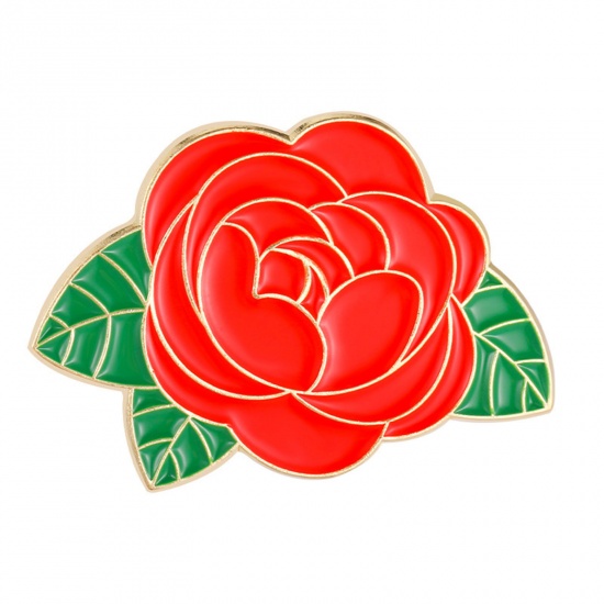 Imagen de Elegante Pin Broches Flor Rojo Esmalte 3.1cm x 2.1cm, 1 Unidad