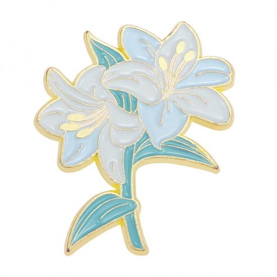 Imagen de Elegante Pin Broches Flor Azul Claro Esmalte 3.1cm x 2.4cm, 1 Unidad