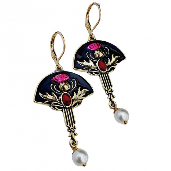 Picture of Retro Earrings Antique Bronze Red Fan-shaped Flower Imitation Pearl 5.9cm x 2.6cm, 1 Pair