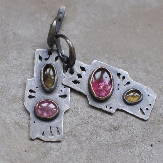 Picture of Retro Asymmetric Earrings Antique Pewter Pink & Yellow Cross Oval Imitation Gemstones 4cm, 1 Pair