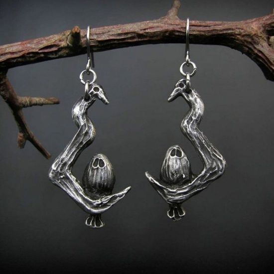 Picture of Retro Earrings Antique Pewter Branch Bird 5cm, 1 Pair