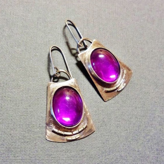 Picture of Retro Earrings Antique Silver Color Purple Trapezoid Oval Imitation Gemstones 4cm, 1 Pair