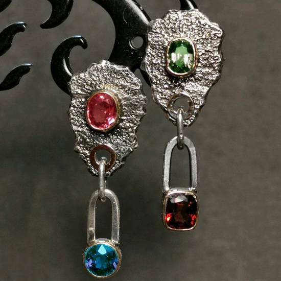Picture of Retro Asymmetric Earrings Antique Silver Color Lock Multicolour Cubic Zirconia 4cm, 1 Pair