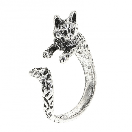 Picture of Gothic Open Wrap Rings Antique Silver Color Cat Animal 17mm(US Size 6.5), 1 Piece
