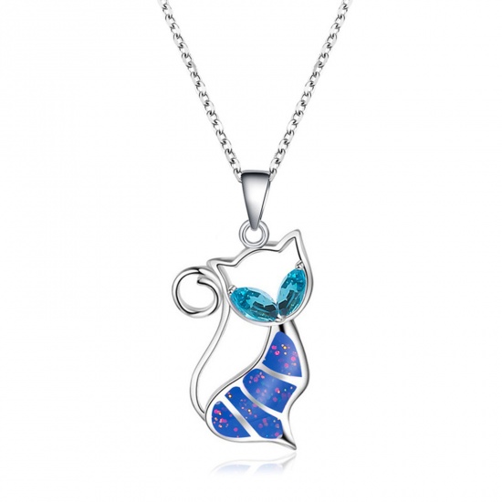 Bild von Stilvoll Anhänger Halskette Silberfarbe Blau Katze Imitat Opal 52cm lang, 1 Strang