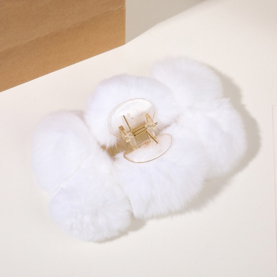 Bild von Plüsch Niedlich Haarspangen Klammern Weiß Pompom Ball 14.5cm x 5cm, 1 Stück