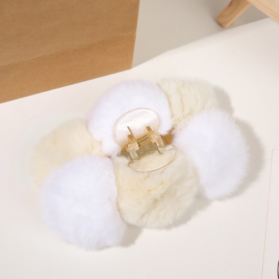 Bild von Plüsch Niedlich Haarspangen Klammern Weiß & Beige Pompom Ball 14.5cm x 5cm, 1 Stück