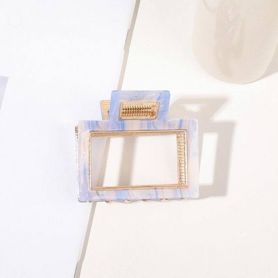 Immagine di Acrilato Elegante Fermaglio per Capelli Oro Placcato Blu Viola Rettangolo 5.5cm x 5cm , 1 Pz