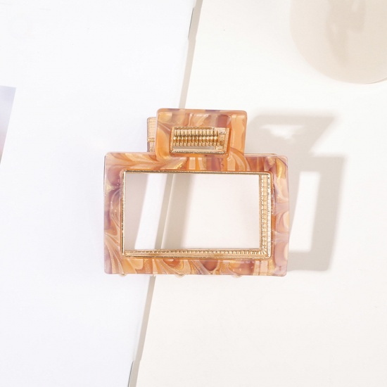 Immagine di Acrilato Elegante Fermaglio per Capelli Oro Placcato Colore del Caffè Rettangolo 5.5cm x 5cm , 1 Pz