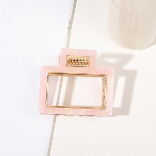 Изображение Акриловые Стильный Зажимы для волос Позолоченный Розовый Прямоугольник 5.5см x 5см, 1 ШТ