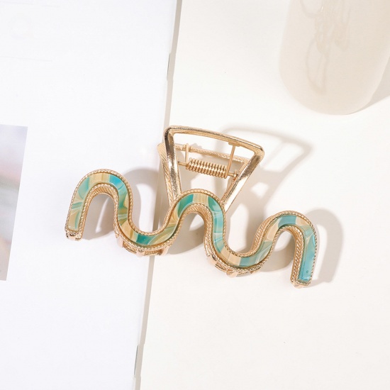 Immagine di Acrilato Elegante Fermaglio per Capelli Oro Placcato Verde Onda 9.5cm x 4.5cm , 1 Pz