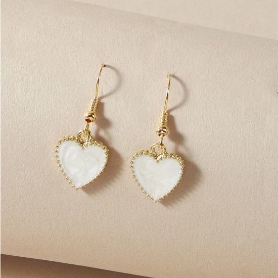 Picture of Valentine's Day Earrings Gold Plated White Heart Enamel 3cm, 1 Pair