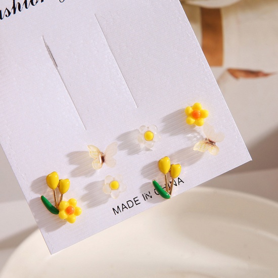 Bild von Stilvoll Ohrring Gelb Blumen Schmetterling 7mm, 1 Set ( 4 Paare/Set)