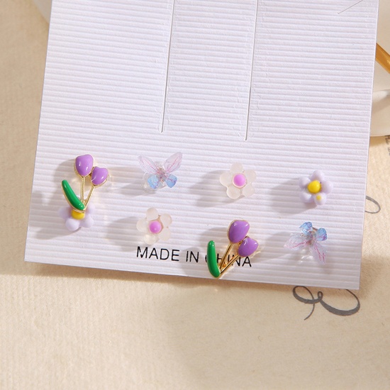 Bild von Stilvoll Ohrring Lila Blumen Schmetterling 7mm, 1 Set ( 4 Paare/Set)