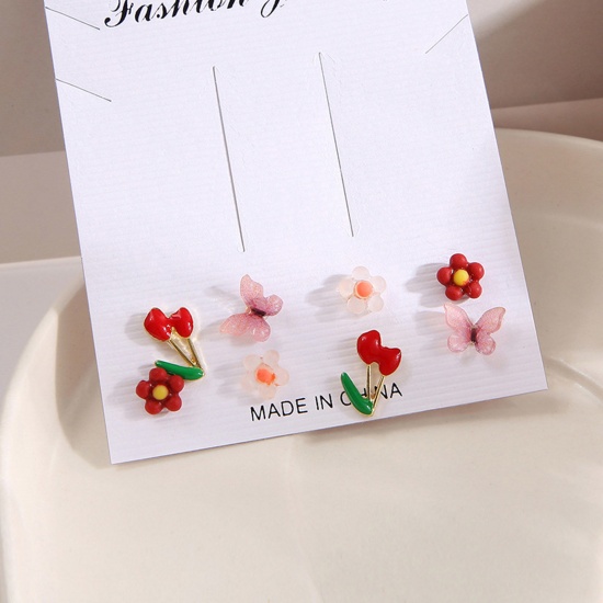 Bild von Stilvoll Ohrring Rot Blumen Schmetterling 7mm, 1 Set ( 4 Paare/Set)