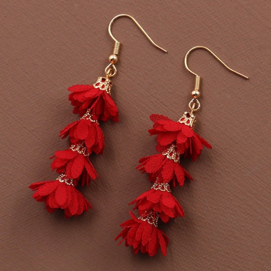 Bild von Chiffon Stilvoll Quaste Ohrringe Silberfarbe Rot Blumen 6.8cm x 2cm, 1 Paar