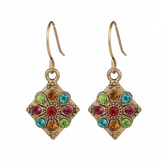 Picture of Boho Chic Bohemia Earrings Gold Plated Rhombus Multicolour Cubic Zirconia 3.5cm x 1.5cm, 1 Pair