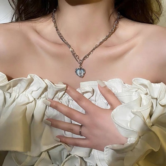Imagen de Titanio Acero Elegante Collar con Colgante Tono de Plata Corazón Roto 40cm longitud, 1 Unidad