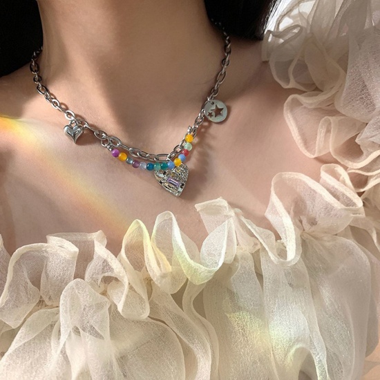 Imagen de Titanio Acero Elegante Collar con Colgante Tono de Plata Corazón Estrellas de cinco puntos Con Cuentas 40cm longitud, 1 Unidad