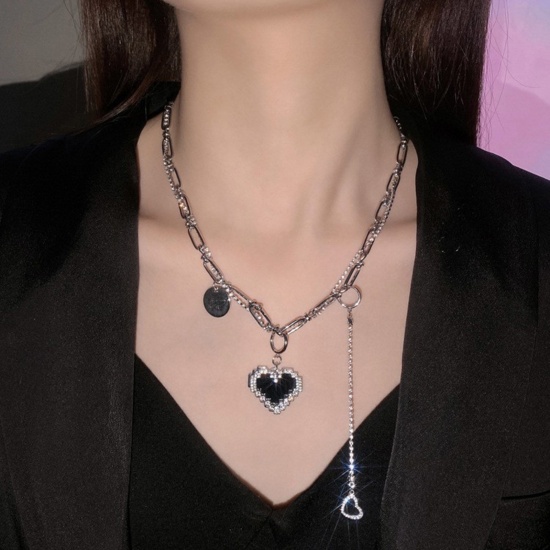 Bild von Y2K Titanium Steel Stilvolle Halskette mit Anhänger, silberfarben, Quaste, Herz, 40 cm lang, 1 Stück
