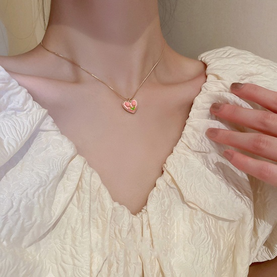 Imagen de Titanio Acero Elegante Collar con Colgante Tono de Plata Rosado Corazón Flor de Tulipán 40cm longitud, 1 Unidad