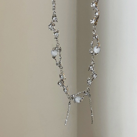 Bild von Y2K Titan Stahl stilvolle Halskette mit Anhänger Silber Ton Quaste Imitation Mondstein 40 cm (15 6/8") lang, 1 Stück