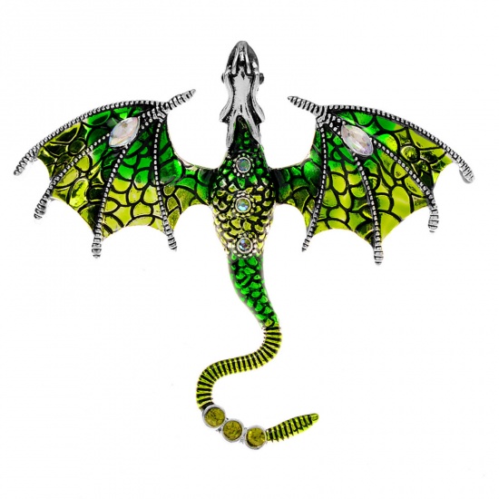 Picture of Stylish Pin Brooches Dragon Green Enamel 7cm x 6.1cm, 1 Piece