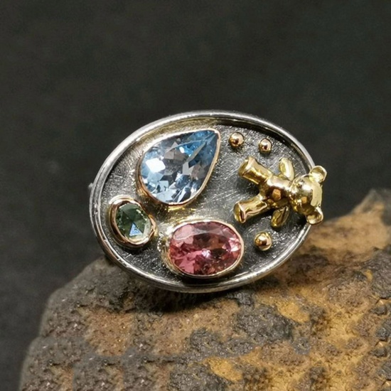 Bild von Retro Uneinstellbar Ring Antik Zinn Imitat Halbedelstein Oval Bär Bunt Zirkonia 18.1mm（US Größe:8), 1 Stück