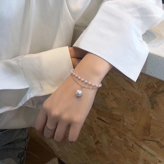 Picture of Ins Style Multilayer Layered Bracelet Gold Plated Ball Imitation Pearl 17cm(6 6/8") long, 1 Piece