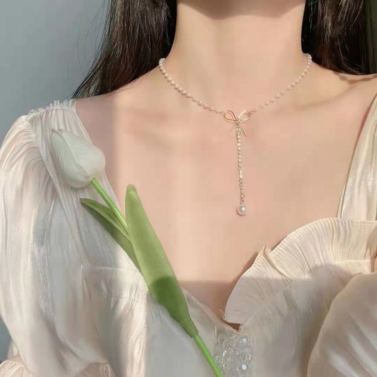 Picture of Ins Style Y Shaped Lariat Necklace Gold Plated Bowknot Imitation Pearl 40cm(15 6/8") long, 1 Piece