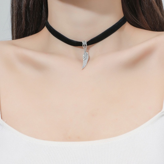 Picture of Velvet Retro Choker Necklace Antique Silver Color Black Wing 30cm(11 6/8") long, 1 Piece