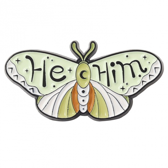 Imagen de Insecto Pin Broches Mariposa Luna Mensaje " HE & HIM " Verde Esmalte 2.8cm x 1.3cm, 1 Unidad