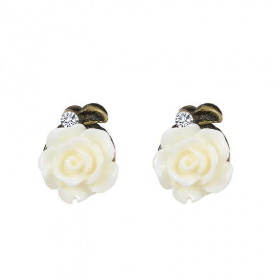 Picture of Resin Stylish Ear Post Stud Earrings Antique Bronze White Flower Clear Rhinestone 1.2cm x 1.2cm, 1 Pair