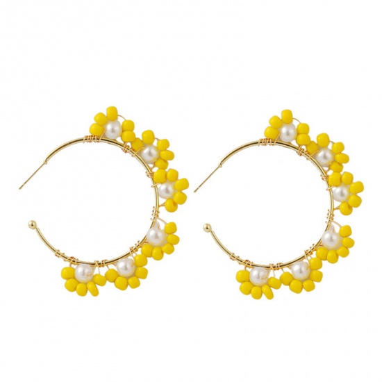 Picture of Boho Chic Bohemia Hoop Earrings Gold Plated Yellow Imitation Pearl C Shape 6cm x 5cm, 1 Pair