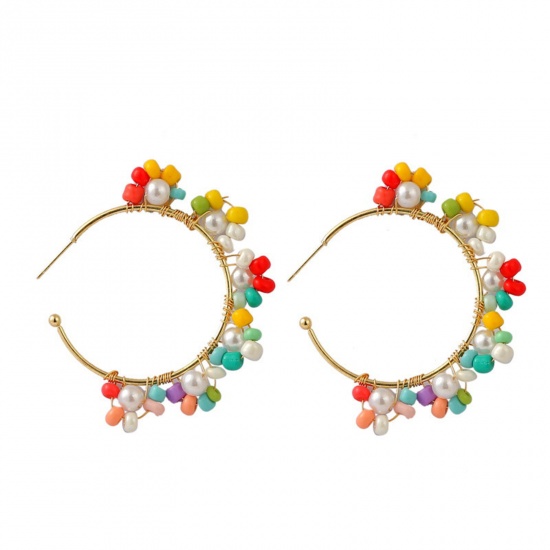 Picture of Boho Chic Bohemia Hoop Earrings Gold Plated Multicolor Imitation Pearl C Shape 6cm x 5cm, 1 Pair