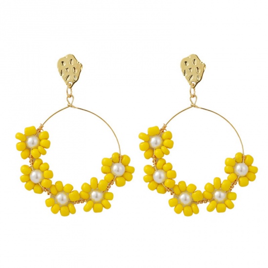 Bild von Böhmischer Stil Ohrring Ohrstecker Vergoldet Gelb Blumen Imitat Perle 6.5cm x 5cm, 1 Paar
