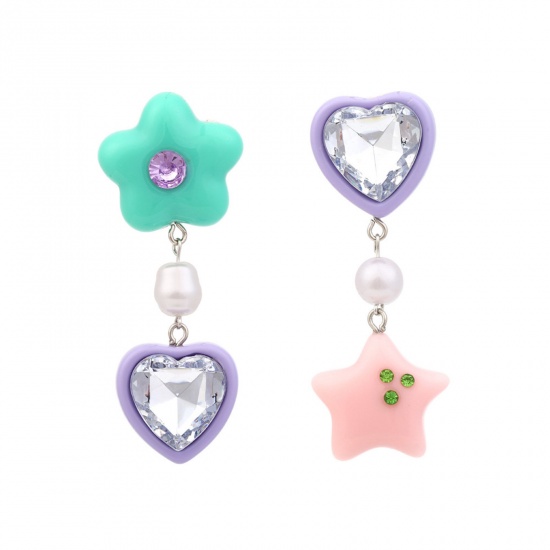 Picture of Resin Valentine's Day Asymmetric Earrings Multicolor Heart Star 7.8cm x 3.1cm, 1 Pair