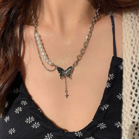 Picture of Retro Tassel Necklace Silver Tone Black Butterfly Animal Imitation Pearl 45cm(17 6/8") long, 1 Piece