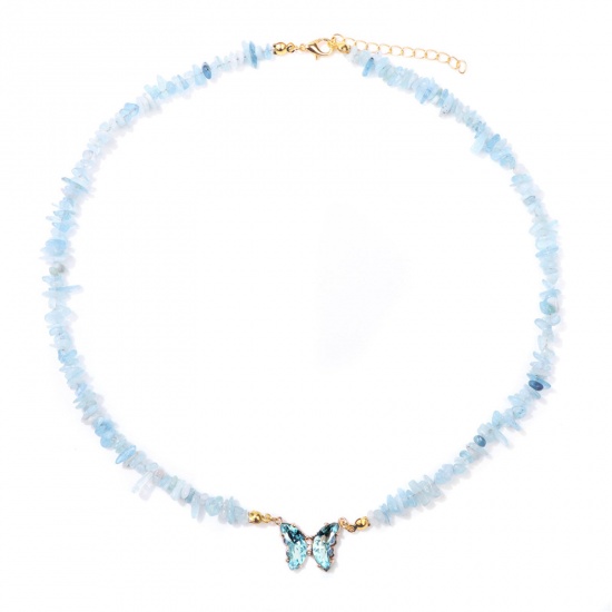 Imagen de Aguamarina Insecto Collar de Cuentas Chapado en Oro Verdemar Chip Beads Mariposa 45cm longitud, 1 Unidad