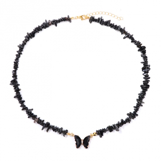 Imagen de Obsidiana Insecto Collar de Cuentas Chapado en Oro Negro Chip Beads Mariposa 45cm longitud, 1 Unidad