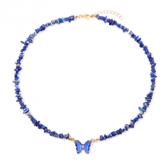 Imagen de Lapis Insecto Collar de Cuentas Chapado en Oro Azul Oscuro Chip Beads Mariposa 45cm longitud, 1 Unidad